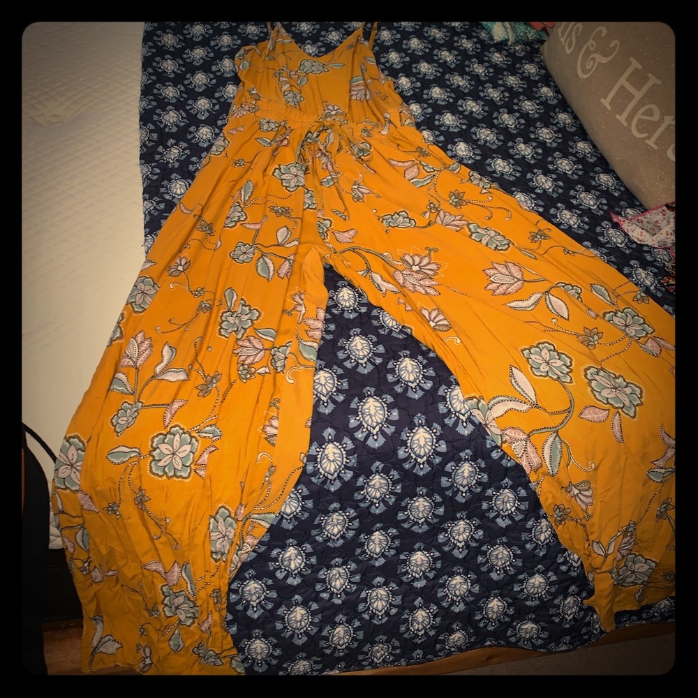 Mustard floral wide leg Jumpsuit/ Romper size XL
